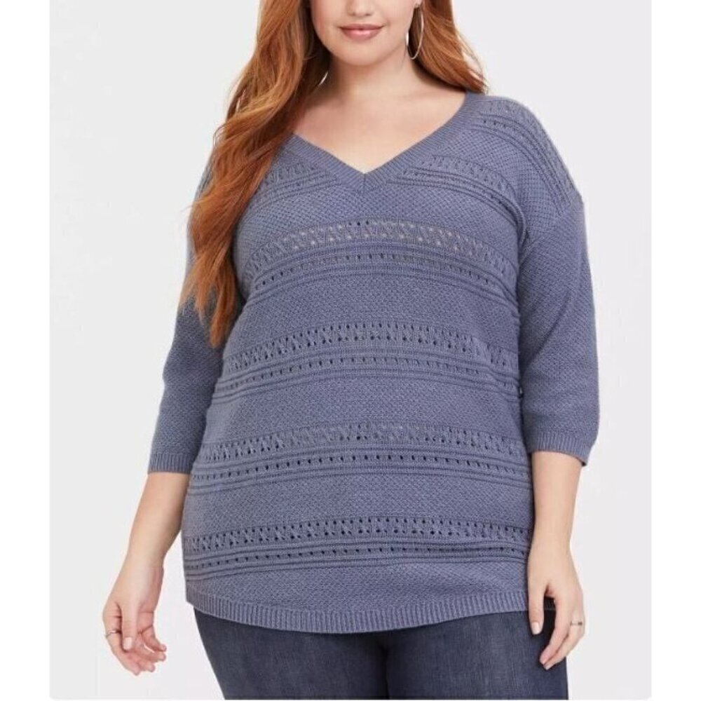 Torrid Sweater Womens 3X Blue Pointelle Pullover V Neck Tunic 3/4 Sleeve Flirty